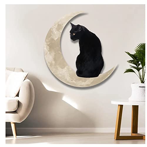 AGWW Black Cat in The Moon Wall Decor Window Hanging, Hanging Metal Wall Plaque Sign Door Wall, Used for Home Office Cat 11.8 x 11.8-Inch Decor (Black)