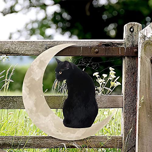AGWW Black Cat in The Moon Wall Decor Window Hanging, Hanging Metal Wall Plaque Sign Door Wall, Used for Home Office Cat 11.8 x 11.8-Inch Decor (Black)
