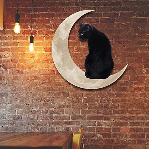 AGWW Black Cat in The Moon Wall Decor Window Hanging, Hanging Metal Wall Plaque Sign Door Wall, Used for Home Office Cat 11.8 x 11.8-Inch Decor (Black)