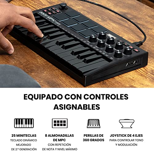 AKAI Professional MPK Mini MK3 Black - Teclado Controlador MIDI USB de 25 Teclas con 8 Drum Pads, 8 Perillas y Software de Producción Musical Incluido, Negro
