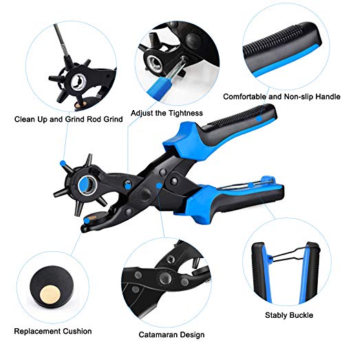 Alicate Sacabocados, opamoo Alicates Sacabocado Agujero 6 Tamaños Perforadora Puzones Punzón de cinturón con 340 Piezas Botones Punzones de Agujero Juego para Cinturones Correas Papel