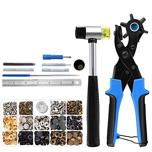 Alicate Sacabocados, opamoo Alicates Sacabocado Agujero 6 Tamaños Perforadora Puzones Punzón de cinturón con 340 Piezas Botones Punzones de Agujero Juego para Cinturones Correas Papel