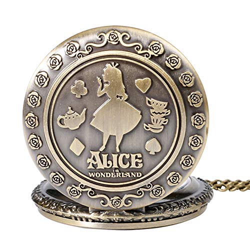 Alice in Wonderland - Reloj de bolsillo analógico de cuarzo para mujer con diseño de bronce y grabado de bolsillo, regalo de Navidad