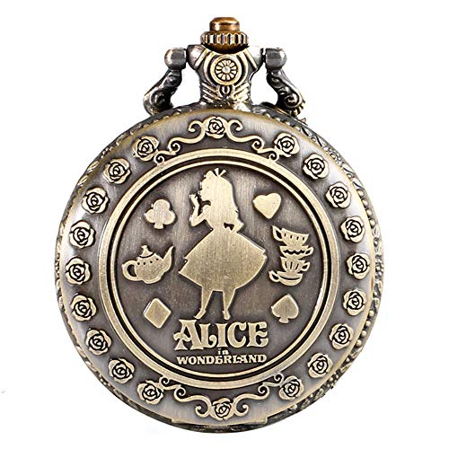 Alice in Wonderland - Reloj de bolsillo analógico de cuarzo para mujer con diseño de bronce y grabado de bolsillo, regalo de Navidad