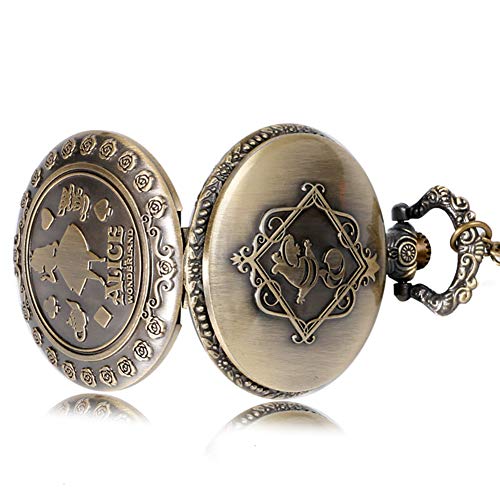 Alice in Wonderland - Reloj de bolsillo analógico de cuarzo para mujer con diseño de bronce y grabado de bolsillo, regalo de Navidad