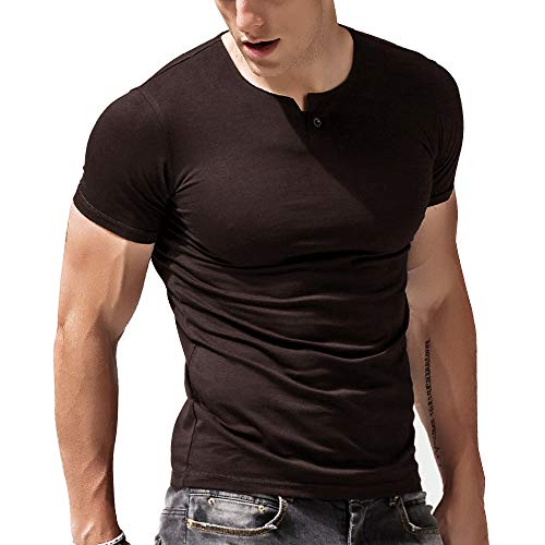 Alivebody - Camiseta de algodón de manga corta tipo Henley con botón para hombre 8302 Marrón XL