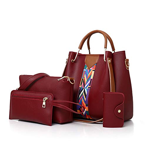 AlwaySky Juego de bolsos de mujer 4 en 1 de piel sintética suave con asa, bolsa de transporte, bolso cruzado y monedero., color Rojo, talla 1