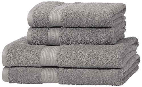 Amazon Basics - Juego de toallas (colores resistentes, 2 toallas de baño y 2 toallas de manos), color gris