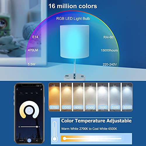 ANTELA Bombilla Inteligente LED WiFi Compatible con Alexa/Google Home, Bombilla Inteligente Alexa 5.5W 470LM E14 Bombilla LED RGB Regulable 16 Millones de Colores Blanco Cálido/Frío 2700K-6500K RA80
