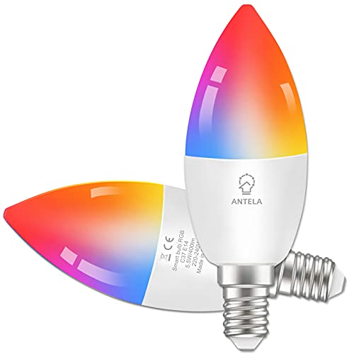 ANTELA Bombilla Inteligente LED WiFi Compatible con Alexa/Google Home, Bombilla Inteligente Alexa 5.5W 470LM E14 Bombilla LED RGB Regulable 16 Millones de Colores Blanco Cálido/Frío 2700K-6500K RA80