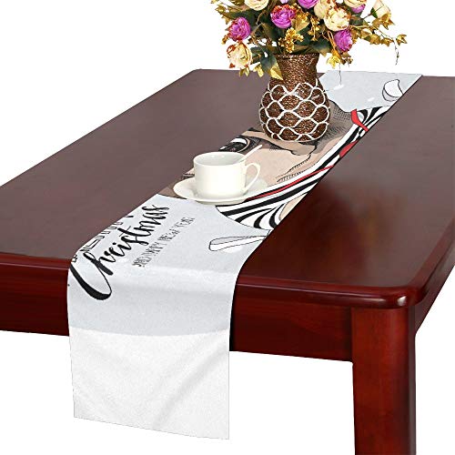 AQQA Table Runner Bedroom Christmas Puppy Dog Pug Nightstand Table Runner Diner Table Runner 16x72 Inch For Dinner Parties Events Decor