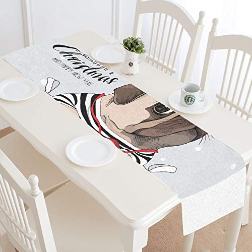 AQQA Table Runner Bedroom Christmas Puppy Dog Pug Nightstand Table Runner Diner Table Runner 16x72 Inch For Dinner Parties Events Decor
