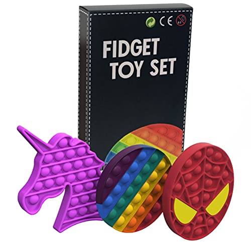 ARGOOD Pop it Fidget Toy Pack .3 Push Pop Bubble de Juguetes antiestres: Pop it Unicornio,Spiderman y Arcoíris
