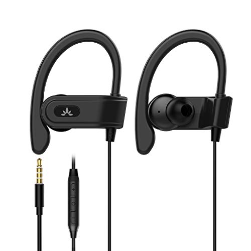 Avantree Auriculares Running Deportivos con Micrófono, Auriculares con Cable para Correr con Gancho de Oreja Compatibile con iPhone, Samsung - E171