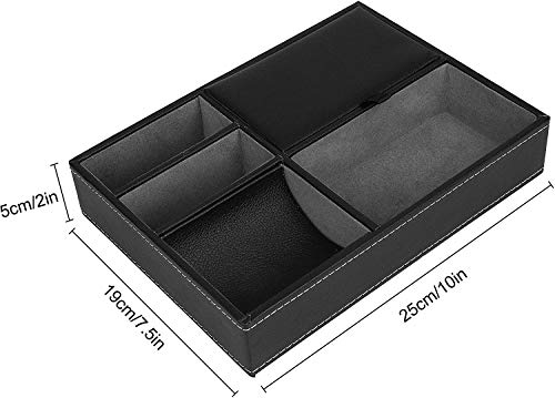 Bandeja de Valet Cuero, Bandeja Organizador Escritorio de Cuero Sintético para Hombres 5 Compartimentos para Llaves, Teléfono, Billetera, Moneda, Joyería y Mesa de Noche Negro, 25x18cm