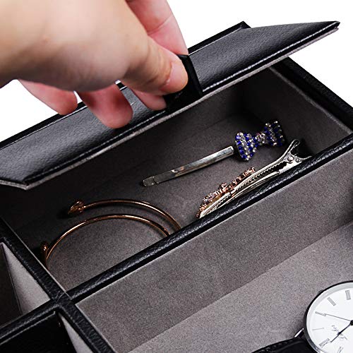 Bandeja de Valet Cuero, Bandeja Organizador Escritorio de Cuero Sintético para Hombres 5 Compartimentos para Llaves, Teléfono, Billetera, Moneda, Joyería y Mesa de Noche Negro, 25x18cm