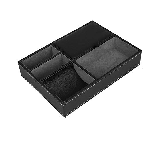Bandeja de Valet Cuero, Bandeja Organizador Escritorio de Cuero Sintético para Hombres 5 Compartimentos para Llaves, Teléfono, Billetera, Moneda, Joyería y Mesa de Noche Negro, 25x18cm
