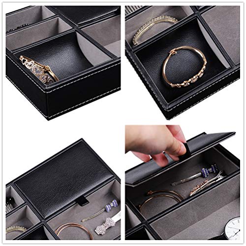 Bandeja de Valet Cuero, Bandeja Organizador Escritorio de Cuero Sintético para Hombres 5 Compartimentos para Llaves, Teléfono, Billetera, Moneda, Joyería y Mesa de Noche Negro, 25x18cm