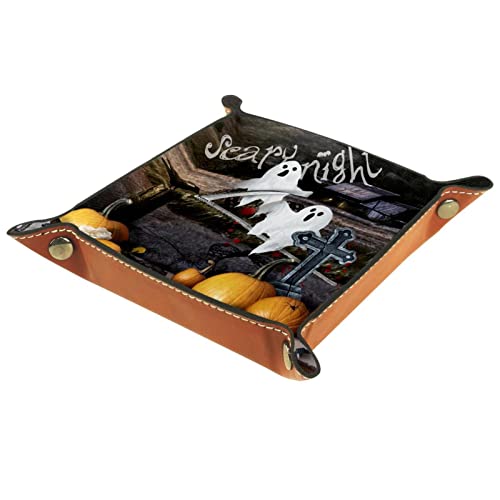 Bandeja de Valet, Cuero de Cuero de la PU, Organizador de bandejas, Caja de Almacenamiento para Relojes Joyas Monedas Key Billetera Halloween Jack-O-Lantern Pumpkin Boo Night