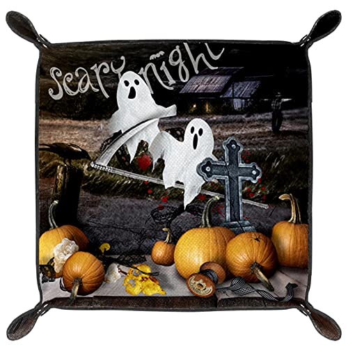 Bandeja de Valet, Cuero de Cuero de la PU, Organizador de bandejas, Caja de Almacenamiento para Relojes Joyas Monedas Key Billetera Halloween Jack-O-Lantern Pumpkin Boo Night