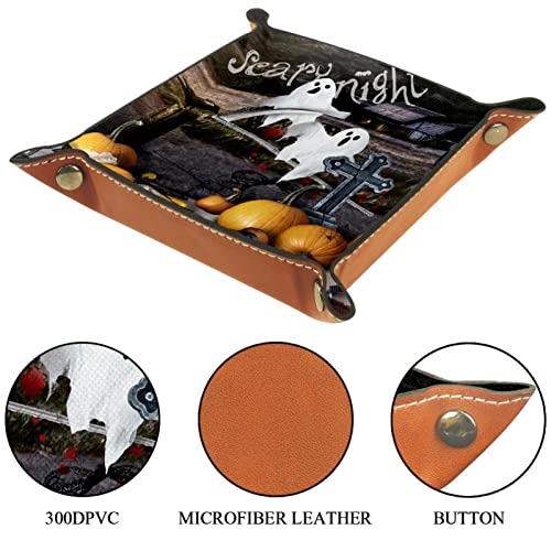 Bandeja de Valet, Cuero de Cuero de la PU, Organizador de bandejas, Caja de Almacenamiento para Relojes Joyas Monedas Key Billetera Halloween Jack-O-Lantern Pumpkin Boo Night