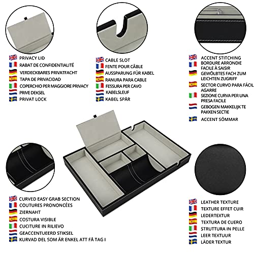 BELLE VOUS Bandeja para Dejar Llaves Cuero Sintético Negro 6 Compartimentos Organizador Cómoda/Mesa de Noche - Bandeja Llaves, Billetera, Teléfono, Joyas, Accesorios Hombre, Dinero, Gemelos