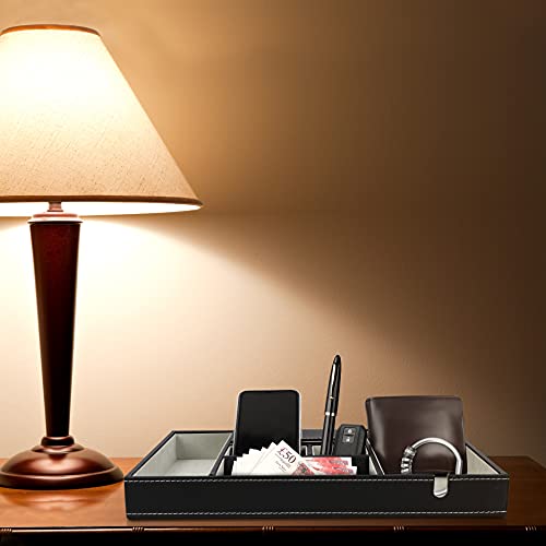 BELLE VOUS Bandeja para Dejar Llaves Cuero Sintético Negro 6 Compartimentos Organizador Cómoda/Mesa de Noche - Bandeja Llaves, Billetera, Teléfono, Joyas, Accesorios Hombre, Dinero, Gemelos