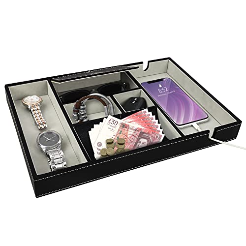 BELLE VOUS Bandeja para Dejar Llaves Cuero Sintético Negro 6 Compartimentos Organizador Cómoda/Mesa de Noche - Bandeja Llaves, Billetera, Teléfono, Joyas, Accesorios Hombre, Dinero, Gemelos