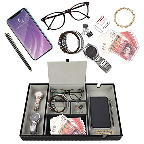 BELLE VOUS Bandeja para Dejar Llaves Cuero Sintético Negro 6 Compartimentos Organizador Cómoda/Mesa de Noche - Bandeja Llaves, Billetera, Teléfono, Joyas, Accesorios Hombre, Dinero, Gemelos