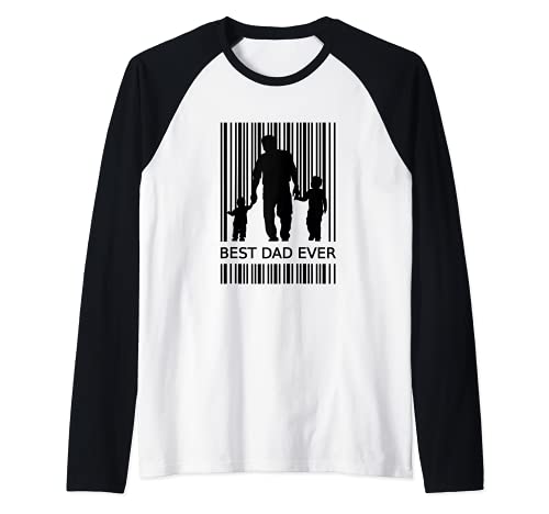 Best Dad Ever Vater 2 Niños Código de barras Doble Papa Camiseta Manga Raglan