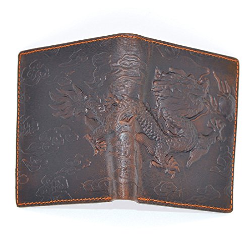 Billetera marrón para hombre con tarjetero con diseño de dragón vertical