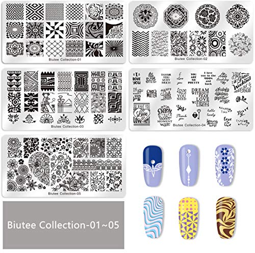 Biutee Nail Art Stamping 15pcs Placas Estampacion Uñas para Manicura +1pcs Sello de Silicona +2 pcs Rascador +1 pcs Bolsa para Placas（Color al azar）