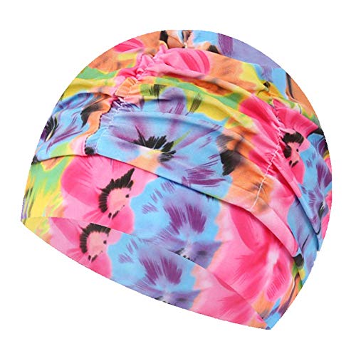 BLANCHO BEDDING Gorro de baño Plisado de 2 Paquetes Gorras de natación de Tela de Tela de Pelo Largo Gorro de baño Impreso, Flores Coloridas