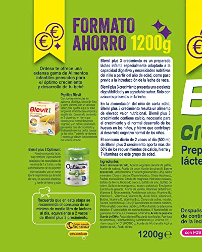 Blemil Plus 3 Crecimiento 0% Azúcares Añadidos - Preparado Lácteo en polvo, Desde los 12 Meses, 1200g