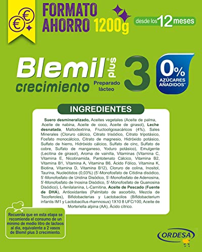 Blemil Plus 3 Crecimiento 0% Azúcares Añadidos - Preparado Lácteo en polvo, Desde los 12 Meses, 1200g
