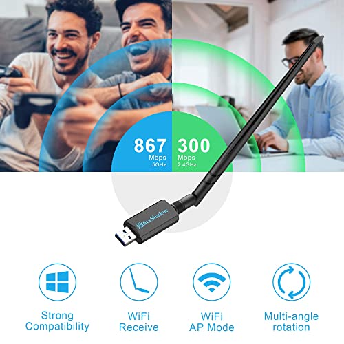 Blueshadow Antena de Adaptador USB WiFi 1200Mbps - Dongle de Tarjeta de Red inalámbrica Wi-Fi AC de Banda Dual 2.4G / 5G con Antena de Alta Ganancia para PC de sobremesa Compatible con Windows XP