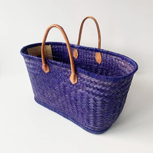 Bolso de Playa, Bolso de Compras de Vacaciones para Mujer, Bolso de Verano Fibra natural,Bolso Chic Bohemia para Mujer Bolsos de Mano de Verano Playa con Asas de cuero (azul)
