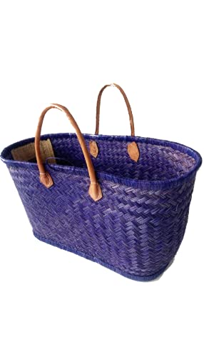 Bolso de Playa, Bolso de Compras de Vacaciones para Mujer, Bolso de Verano Fibra natural,Bolso Chic Bohemia para Mujer Bolsos de Mano de Verano Playa con Asas de cuero (azul)