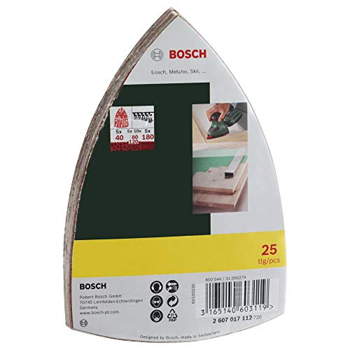 Bosch Set de 25 hojas de lija para varios materiales (grano 40/80/120/180, 11 agujeros, accesorios para multilijadora)