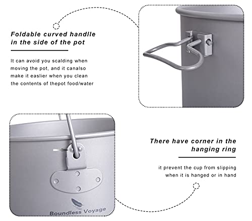 Boundless Voyage Pote de Titanio al Aire Libre de 1300ml con Tapa Tapa de asa Plegable Acampar Senderismo Picnic Ultraligero Botella de Agua portátil Taza Spork (1300ml)
