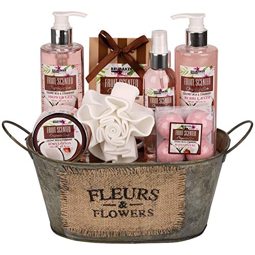 BRUBAKER Cosmetics Kit para Baños "Fresa-Coco" - Fragancia de Coco y Fresa - Set de Belleza de 11 piezas en Bañera Vintage - Set de Regalo para Mujer - Wellness Beauty Spa Set de Baño y Ducha