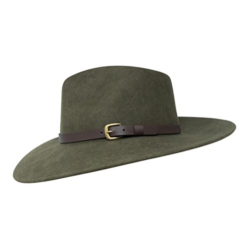 B&S Premium Lewis - Sombrero de ala Ancha Fedora - 100% Fieltro de Lana - Resistente al Agua - Banda de Piel - Verde Oscuro 56cm