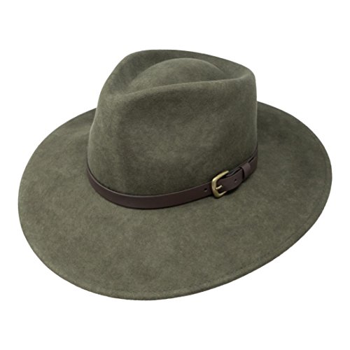 B&S Premium Lewis - Sombrero de ala Ancha Fedora - 100% Fieltro de Lana - Resistente al Agua - Banda de Piel - Verde Oscuro 56cm