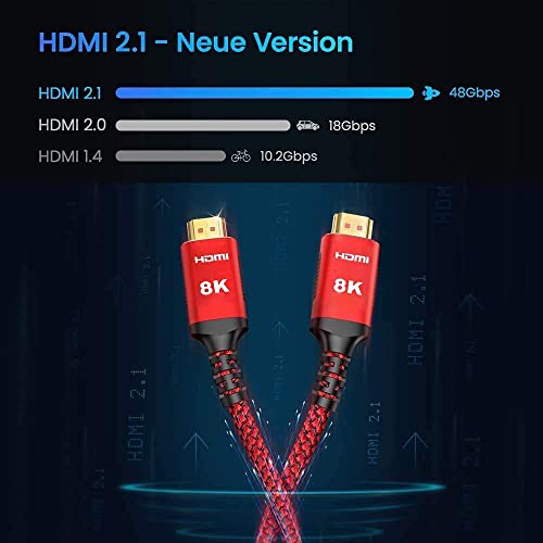 Cable HDMI 2.1 2 m, 8 K, alta velocidad, 48 Gbps, conectores chapados en oro, UHD 8K @60HZ&4K @120HZ, 4:4:4, HDR10+ 7680 * 4320, compatible con eARC HDCP 2.3, PS5, PS4, HDTV, PC (Rojo, 2meter)