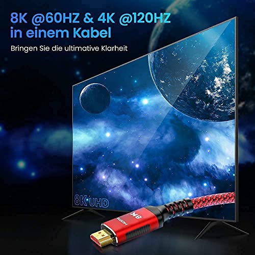 Cable HDMI 2.1 2 m, 8 K, alta velocidad, 48 Gbps, conectores chapados en oro, UHD 8K @60HZ&4K @120HZ, 4:4:4, HDR10+ 7680 * 4320, compatible con eARC HDCP 2.3, PS5, PS4, HDTV, PC (Rojo, 2meter)