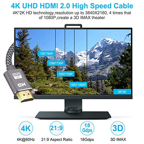 Cable HDMI 4K 2M SUCESO Cable HDMI 2.0 de Alta Velocidad Trenzado de Nailon Ultra HD 4K a 60Hz a 18Gbps Soporta con Video 4K UHD 2160p,HD 1080p,3D,Ethernet,Xbox 360,BLU-Ray PS3 PS4 ARC HDCP 2.2-Gris