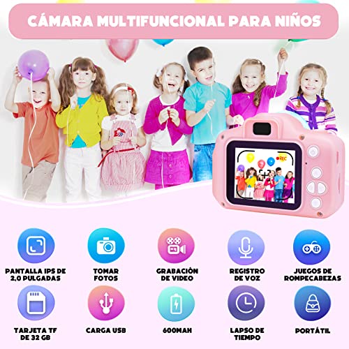 Cámara Digital para Niños, 1080P 2.0" HD Cámara Fotos Infanti, Cumpleaños para Niños Niñas de 3-10 Años, con Tarjeta TF 32 GB, Lector de Tarjetas