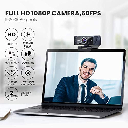 Cámara web con micrófono estéreo y trípode 1080p 60 fps, Vitade 682H USB Full HD Webcam para videochat y grabación, compatible con Windows, Mac y Android