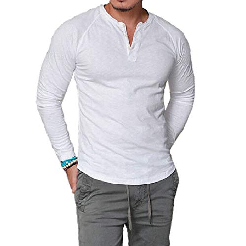 Camiseta de Manga Larga Slim para Hombre Camisa Casual de Cuello en V con Botones Tops Blusa Retro de Moda Ropa Superior Henley de Color Sólido Otoño Primavera (Blanco, XL)