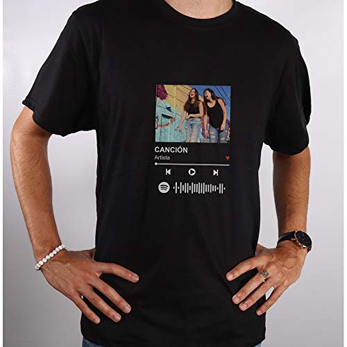 Camiseta Hombre con Diseño Personalizable Spotify · Camisetas Personalizadas con Foto, Pon tu Canción y Artista Favorito sorprender a un Amigo · Manga Corta · Negro · M